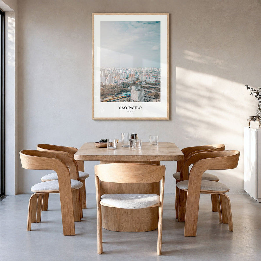 São Paulo Classic No 1 Poster in a natural wood frame, hanging in a dining room