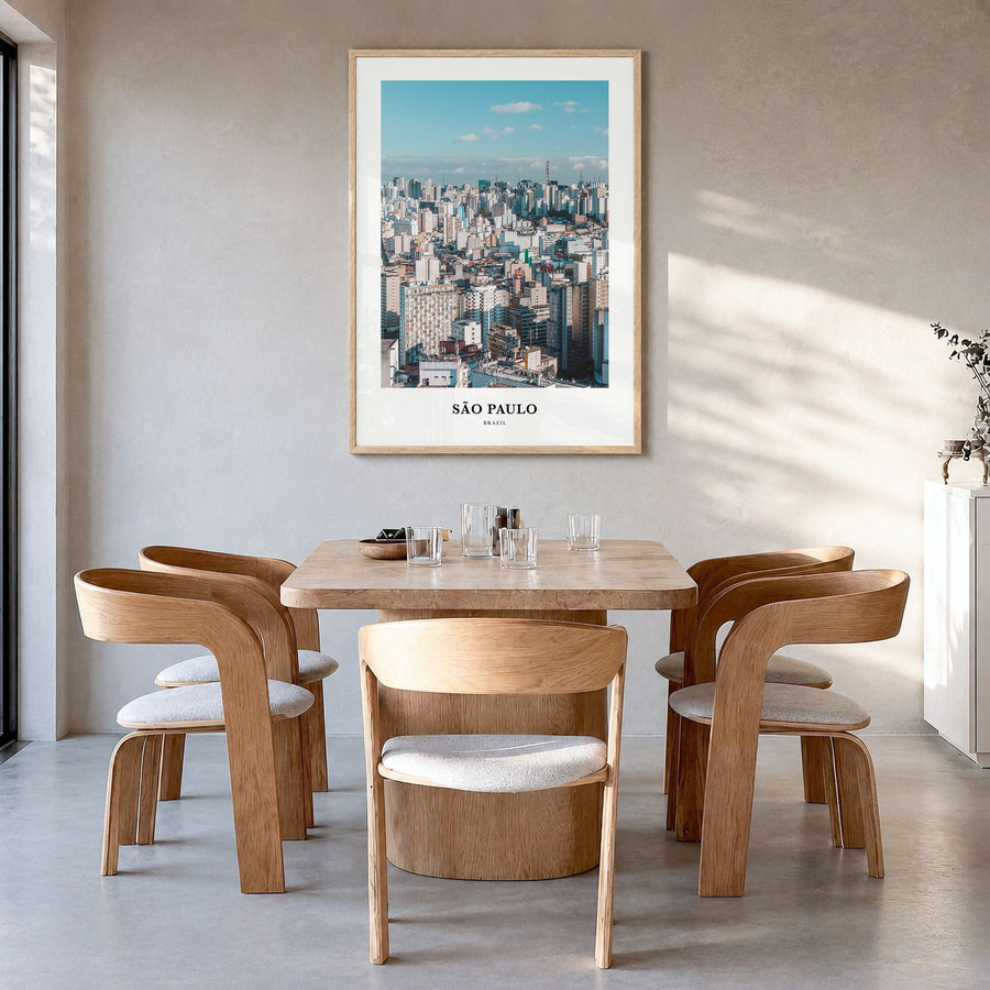 São Paulo Classic No 2 Poster in a natural wood frame, hanging in a dining room