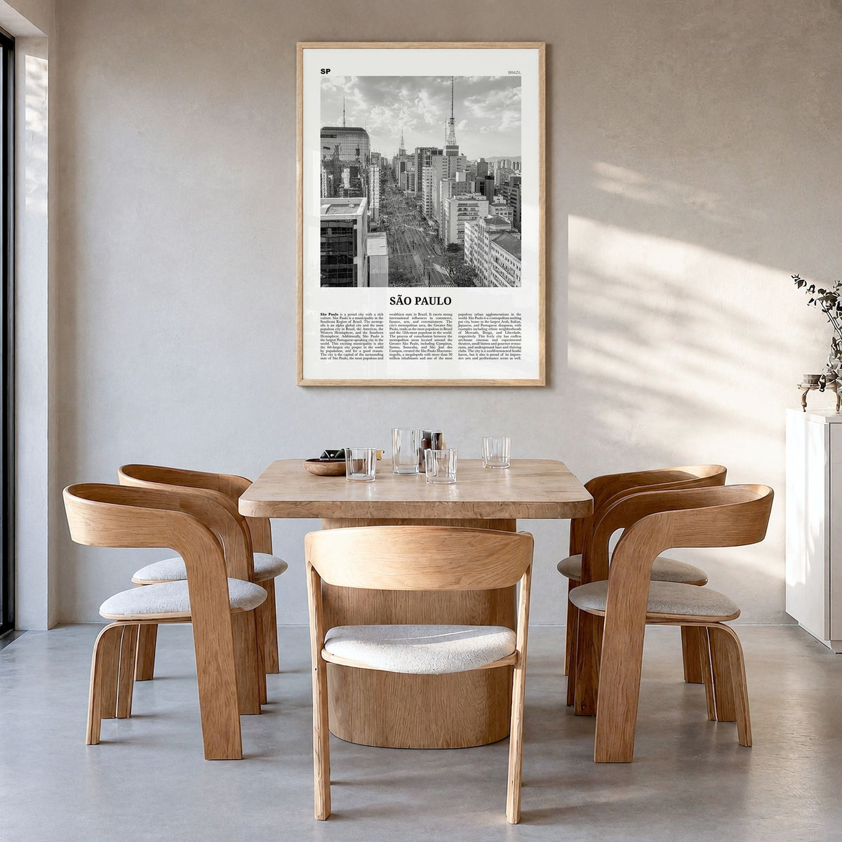 São Paulo Newspaper No 2 Poster in a natural wood frame, hanging in a dining room