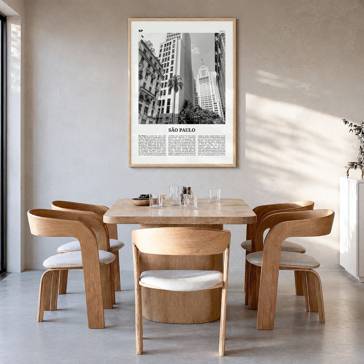 São Paulo Newspaper No 3 Poster in a natural wood frame, hanging in a dining room
