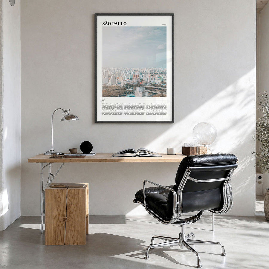São Paulo Travel No 1 Poster in a black wood frame, hanging in a bright home office