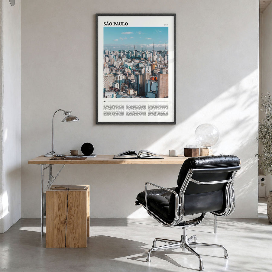 São Paulo Travel No 2 Poster in a black wood frame, hanging in a bright home office