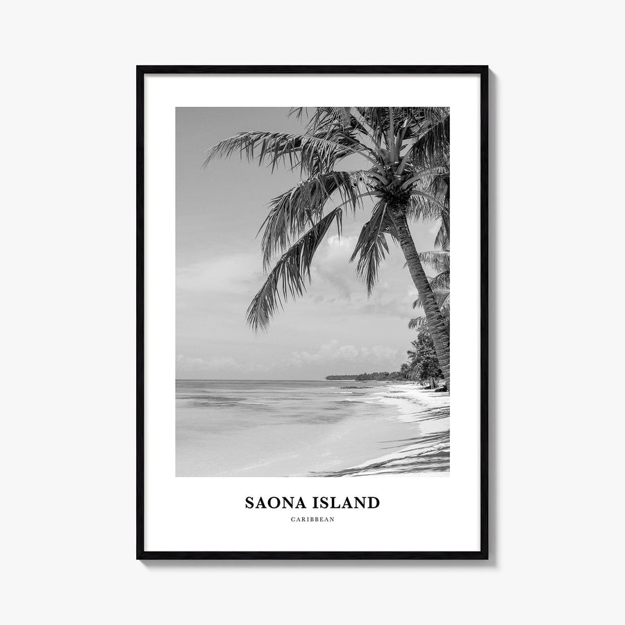 Saona Island black & white classic poster of Dominican Republic – vertical wall art, unframed print shown in interior mockup