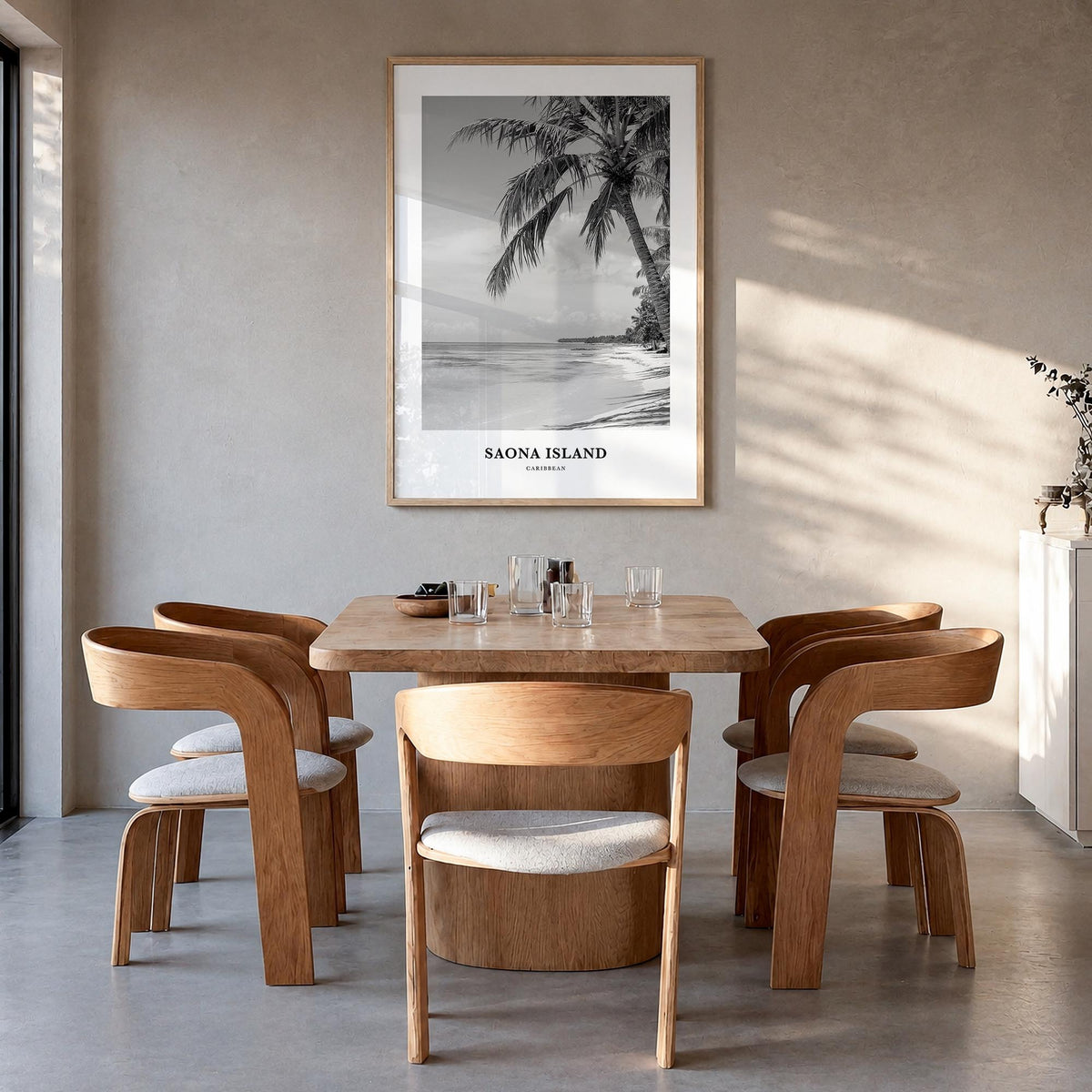 Saona Island black & white classic poster of Dominican Republic – vertical wall art in natural wood frame, hanging on wall