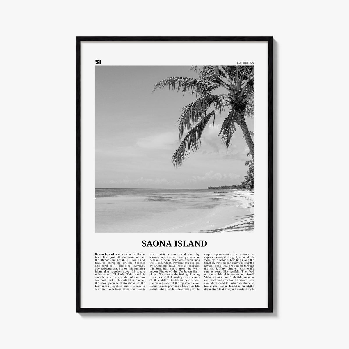 Saona Island black & white newspaper poster of Dominican Republic – vertical wall art, unframed print shown in interior mocku
