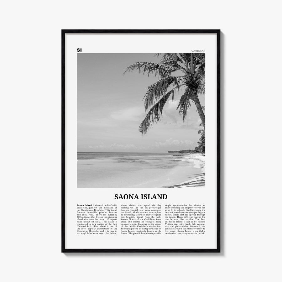 Saona Island black & white newspaper poster of Dominican Republic – vertical wall art, unframed print shown in interior mocku