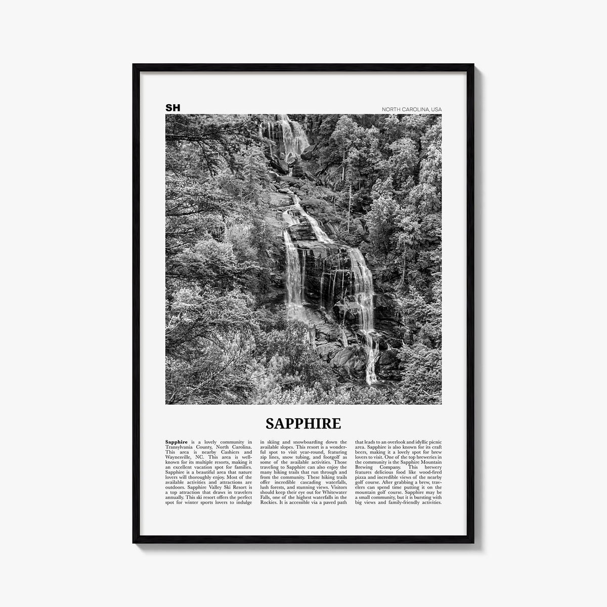 Sapphire black & white newspaper poster of North Carolina, USA – vertical wall art, unframed print shown in interior mockup
