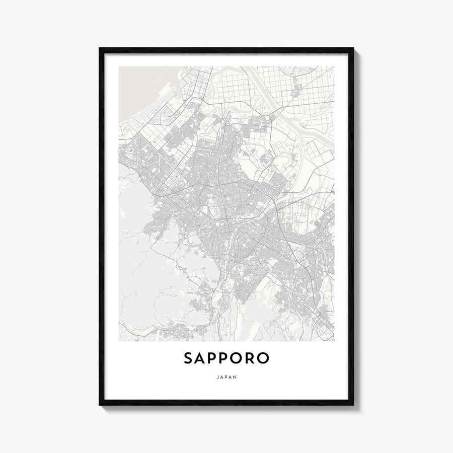 Sapporo black & white map poster of Japan – vertical wall art, unframed print shown in interior mockup