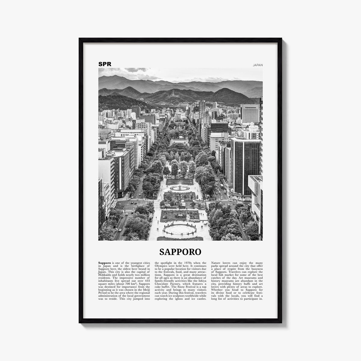 Sapporo black & white newspaper poster of Japan – vertical wall art, unframed print shown in interior mockup