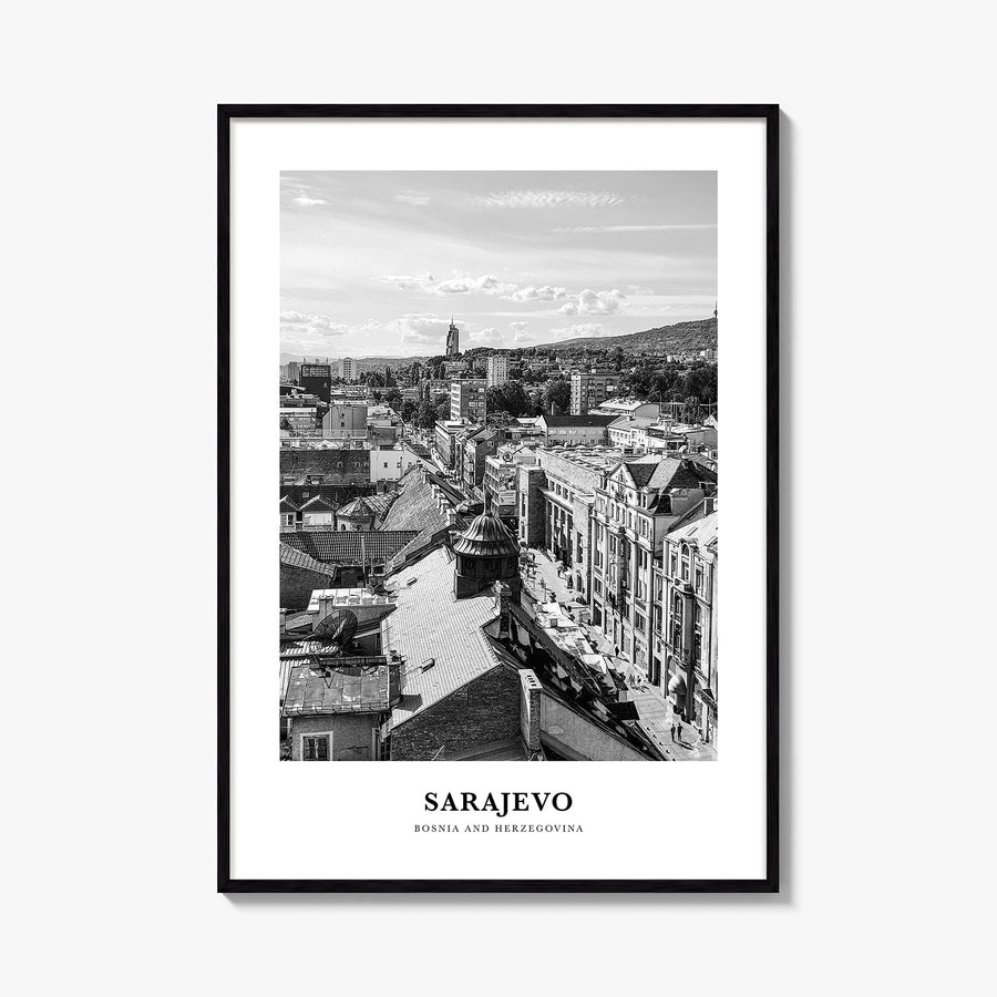 Sarajevo black & white classic poster of Bosnia and Herzegovina – vertical wall art, unframed print shown in interior mockup