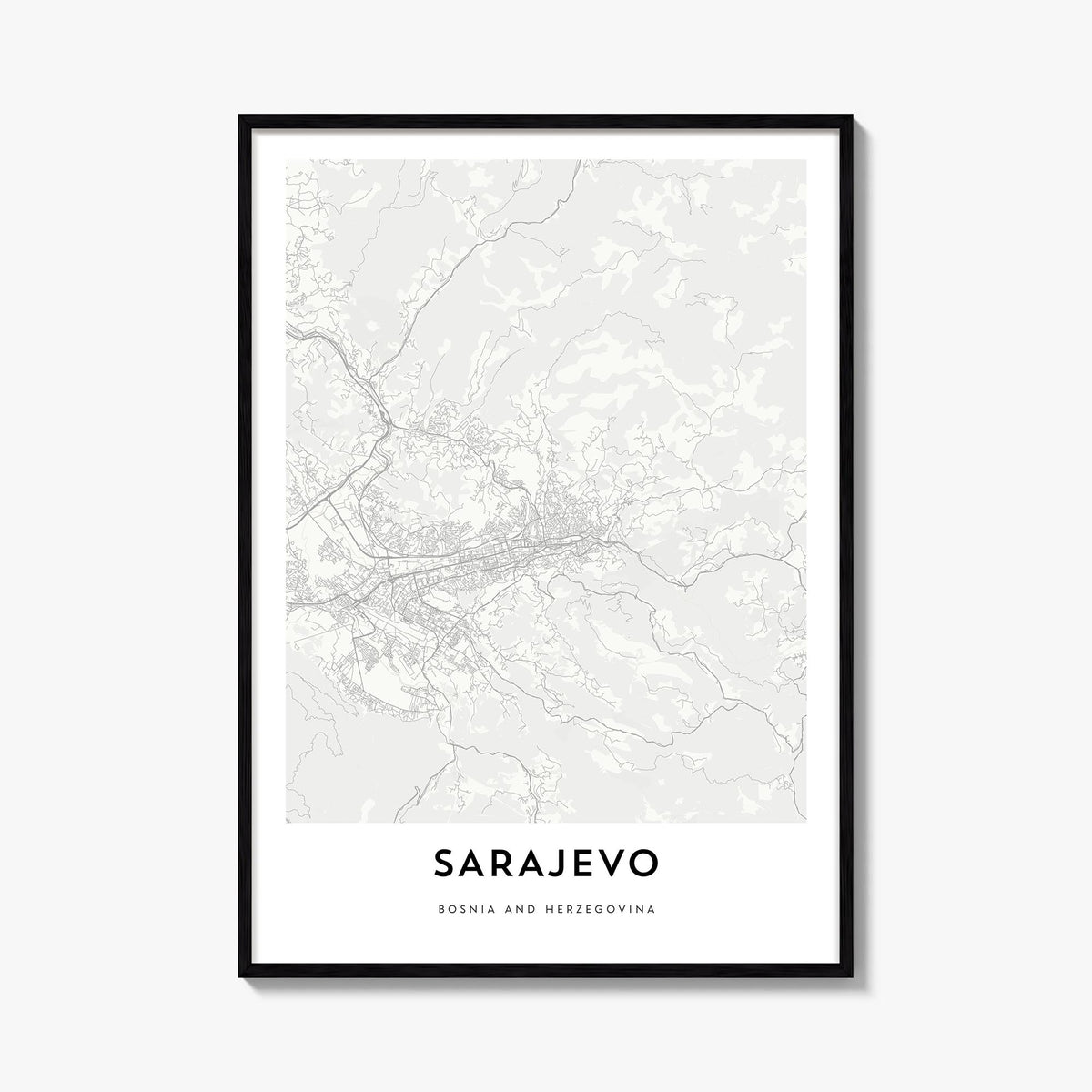 Sarajevo black & white map poster of Bosnia and Herzegovina – vertical wall art, unframed print shown in interior mockup