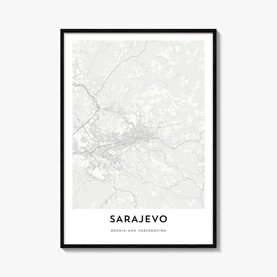 Sarajevo black & white map poster of Bosnia and Herzegovina – vertical wall art, unframed print shown in interior mockup