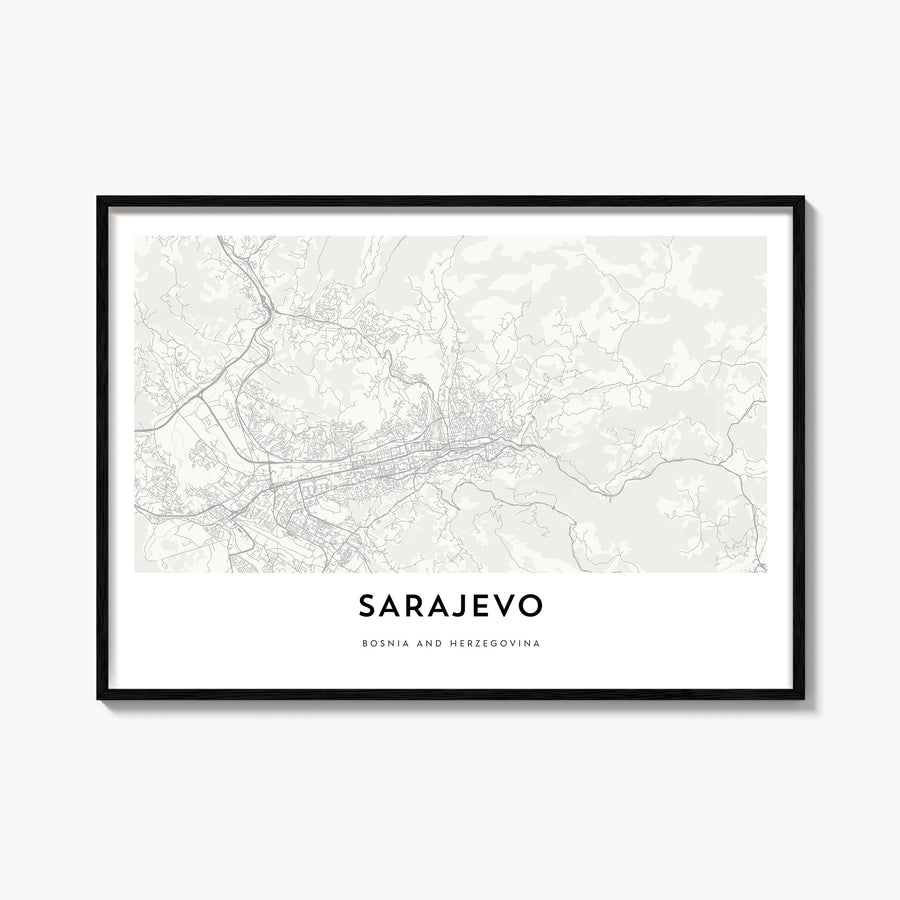 Sarajevo black & white map poster of Bosnia and Herzegovina – horizontal wall art, unframed print shown in interior mockup