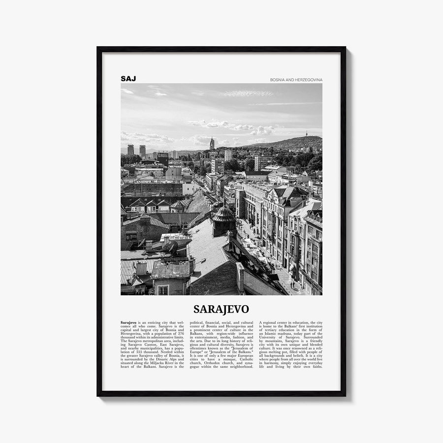 Sarajevo black & white newspaper poster of Bosnia and Herzegovina – vertical wall art, unframed print shown in interior mocku