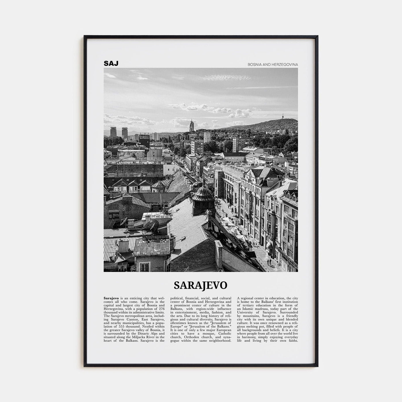 Sarajevo Poster Black Metal / 8x12 in Nbourhood Travel B&W Poster