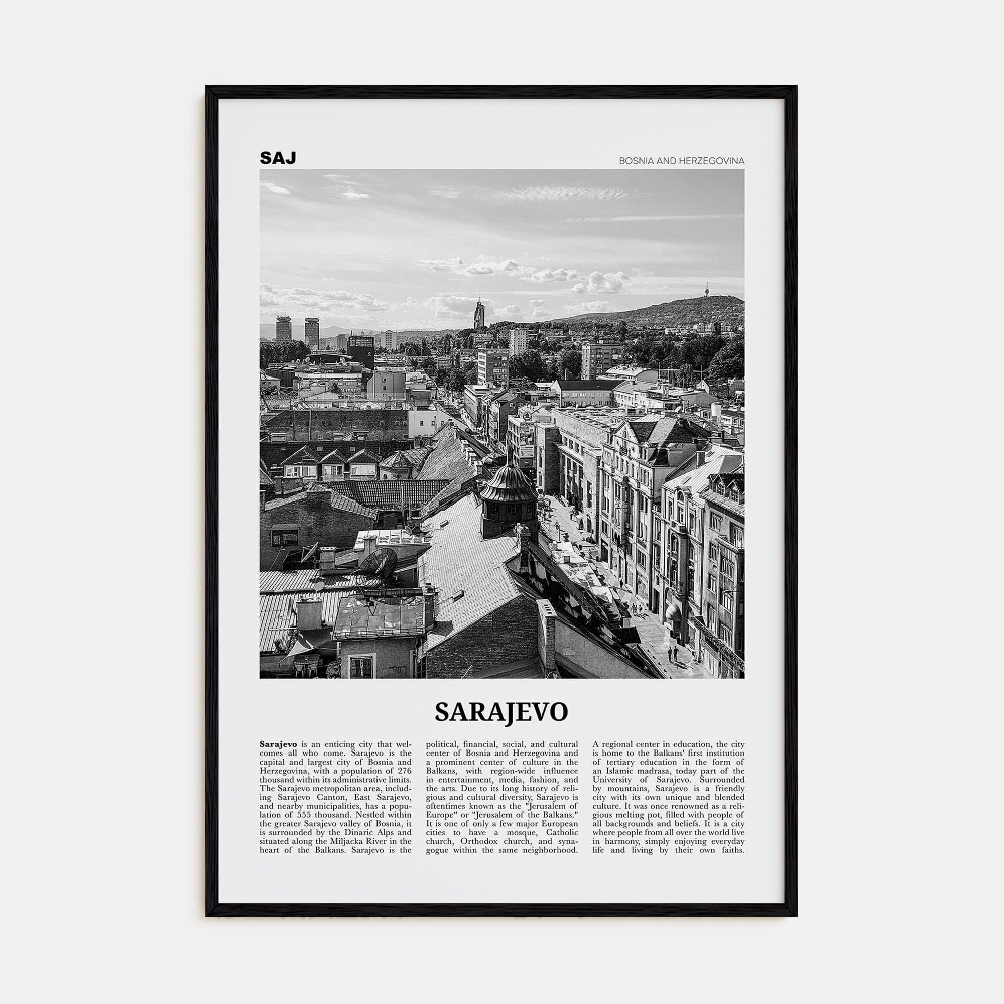 Sarajevo Poster Black Wood / 8x12 in Nbourhood Travel B&W Poster