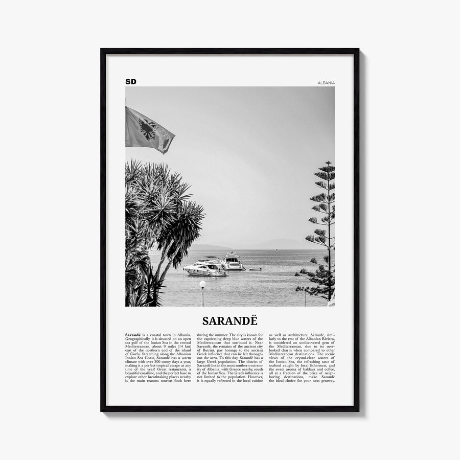 Sarandë black & white newspaper poster of Albania – vertical wall art, unframed print shown in interior mockup