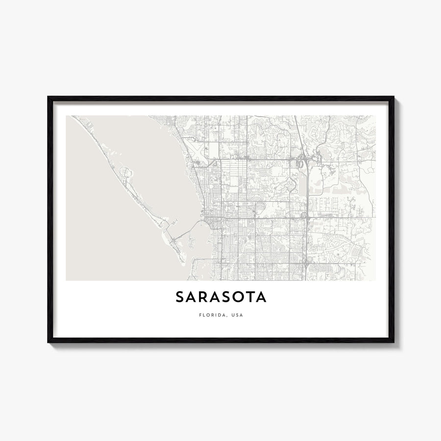 Sarasota black & white map poster of Florida, USA – horizontal wall art, unframed print shown in interior mockup