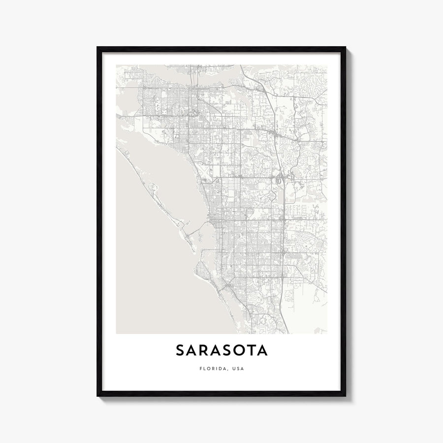 Sarasota black & white map poster of Florida, USA – vertical wall art, unframed print shown in interior mockup