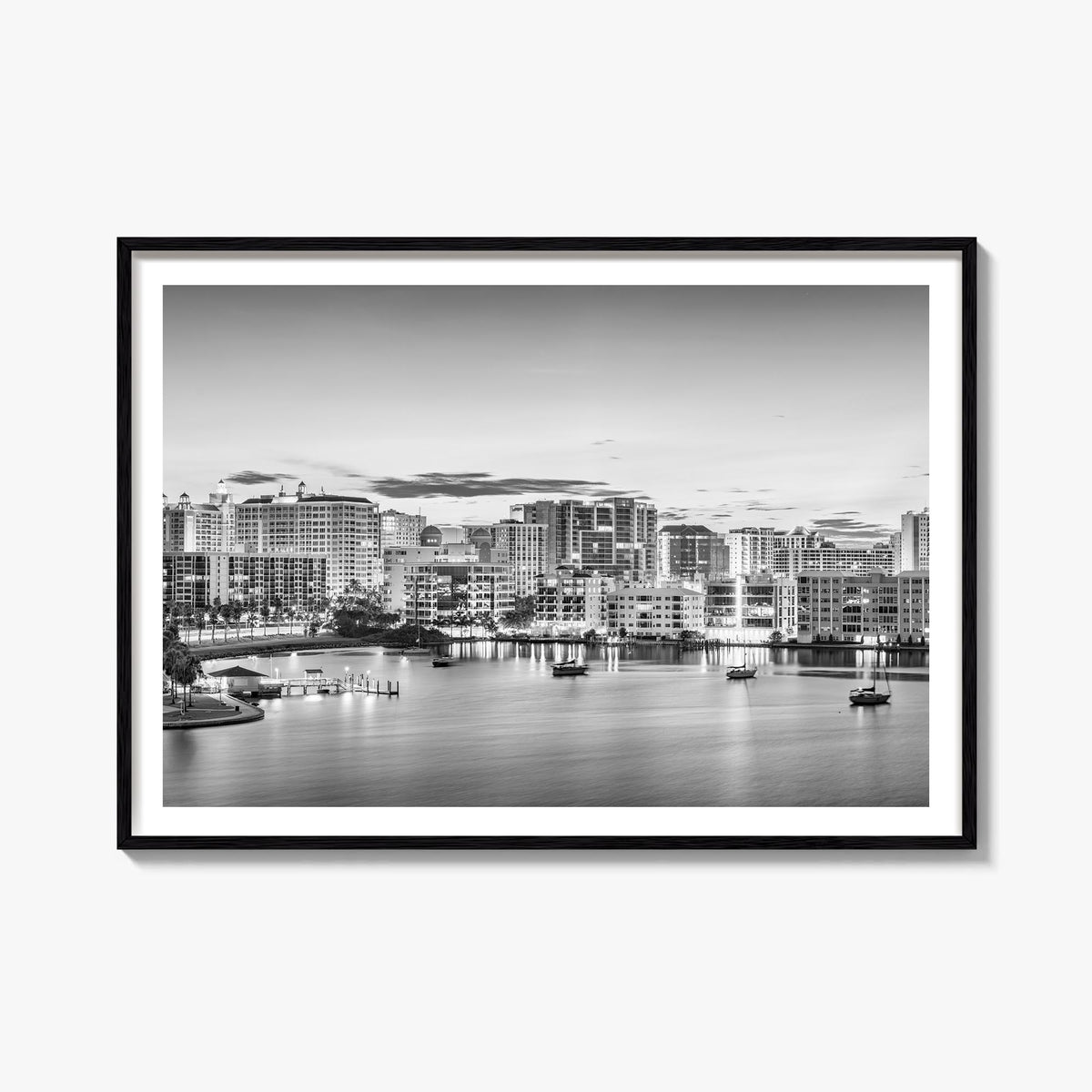 Sarasota black & white photo poster of Florida, USA – horizontal wall art, unframed print shown in interior mockup