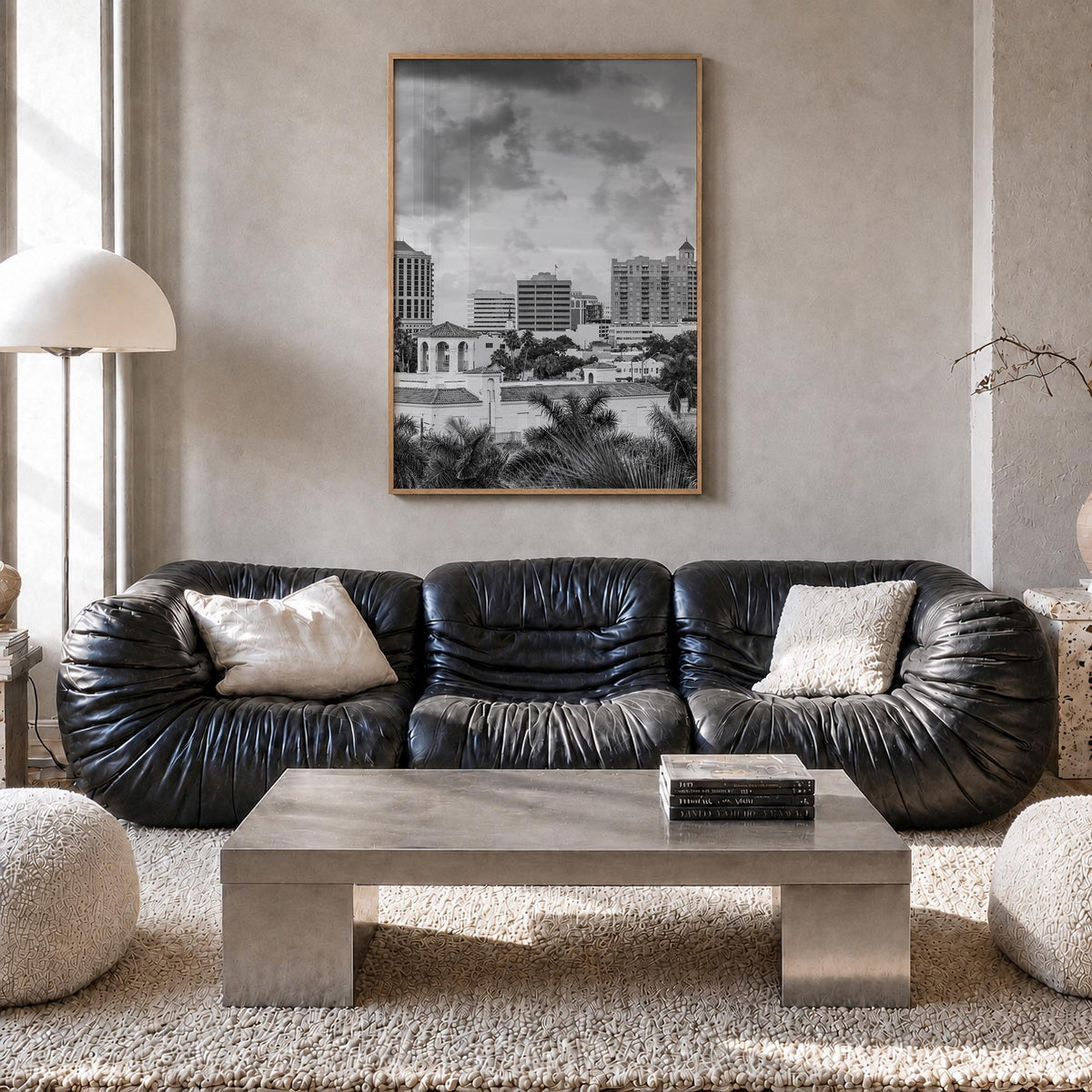 Sarasota black & white photo poster of Florida, USA – vertical wall art in natural wood frame, hanging on wall
