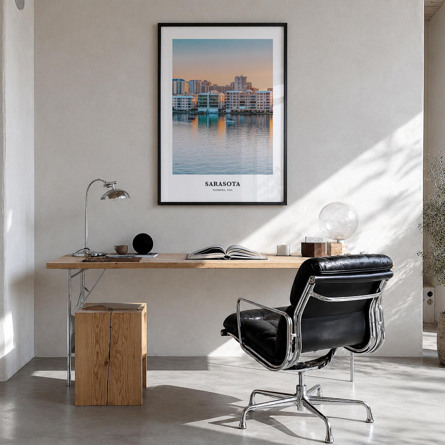 Sarasota colorful classic poster of Florida, USA – vertical wall art in black wood frame, hanging on wall
