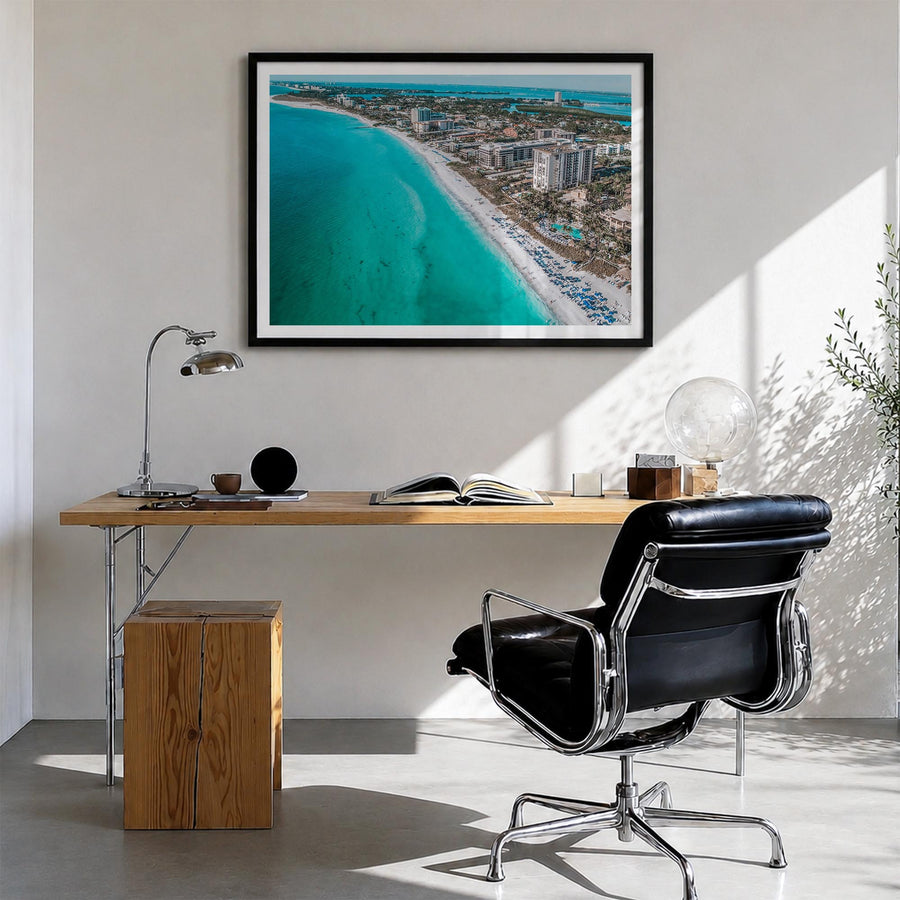 Sarasota colorful photo poster of Florida, USA – horizontal wall art in black wood frame with white border, hanging on wall