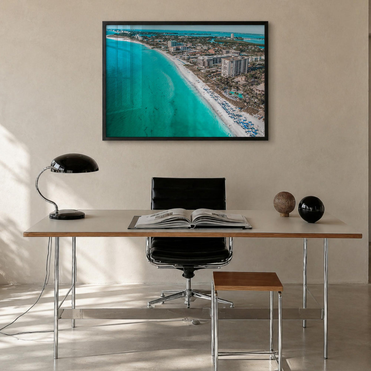 Sarasota colorful photo poster of Florida, USA – horizontal wall art in black wood frame, hanging on wall