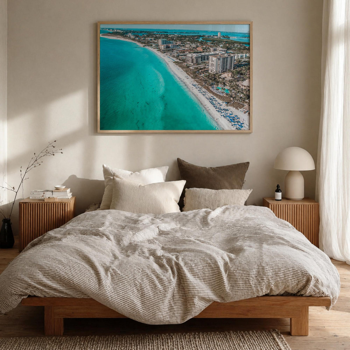 Sarasota colorful photo poster of Florida, USA – horizontal wall art in natural wood frame, hanging on wall