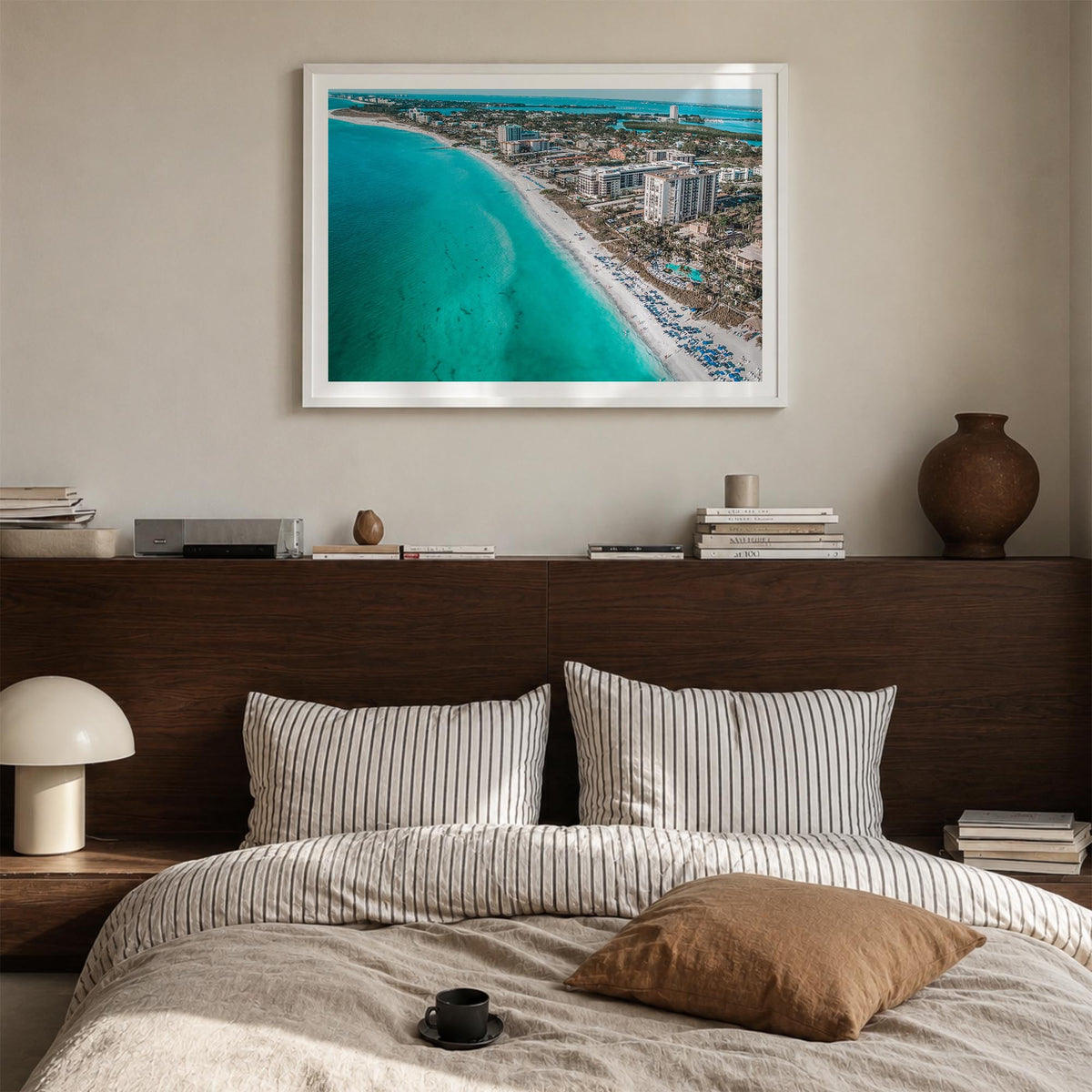 Sarasota colorful photo poster of Florida, USA – horizontal wall art in white wood frame with white border, hanging on wall