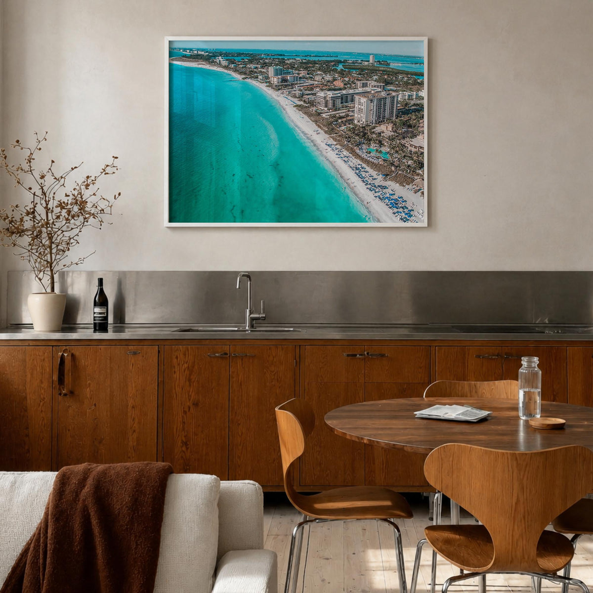 Sarasota colorful photo poster of Florida, USA – horizontal wall art in white wood frame, hanging on wall