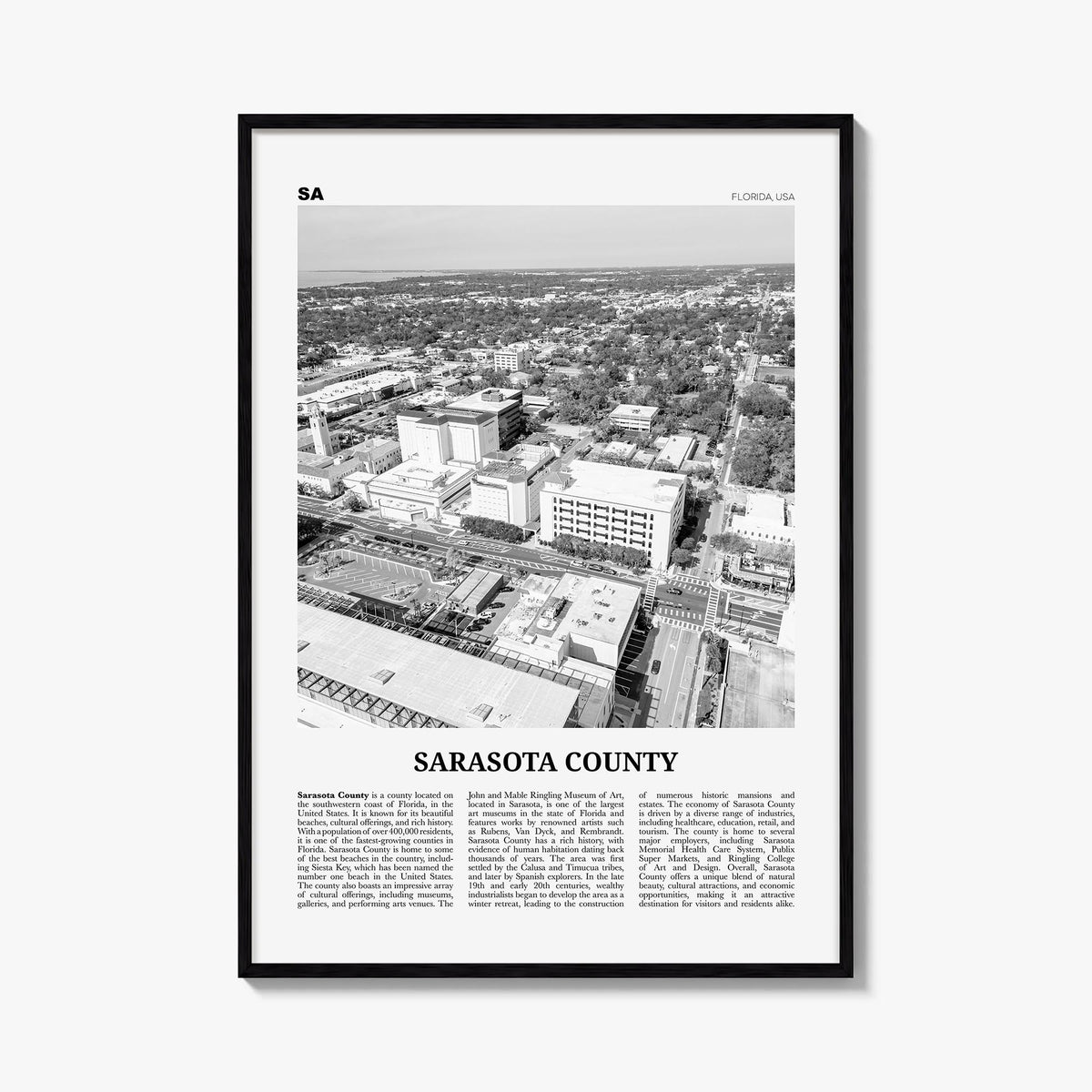 Sarasota County black & white newspaper poster of Florida, USA – vertical wall art, unframed print shown in interior mockup
