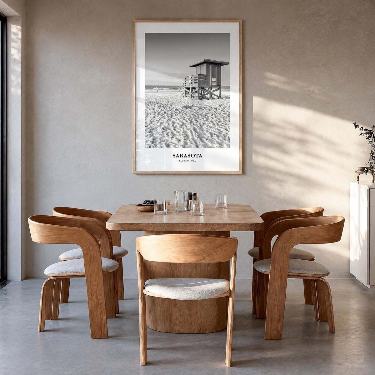 Sarasota no. 1 black & white classic poster of Florida, USA – vertical wall art in natural wood frame, hanging on wall