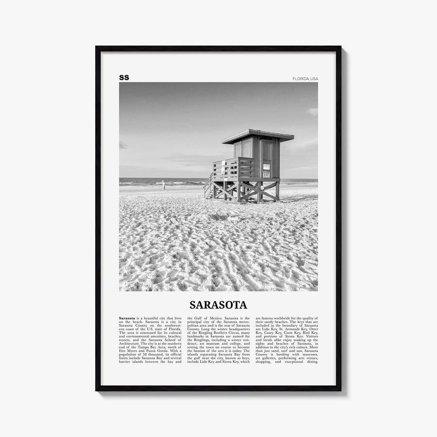 Sarasota no. 1 black & white newspaper poster of Florida, USA – vertical wall art, unframed print shown in interior mockup
