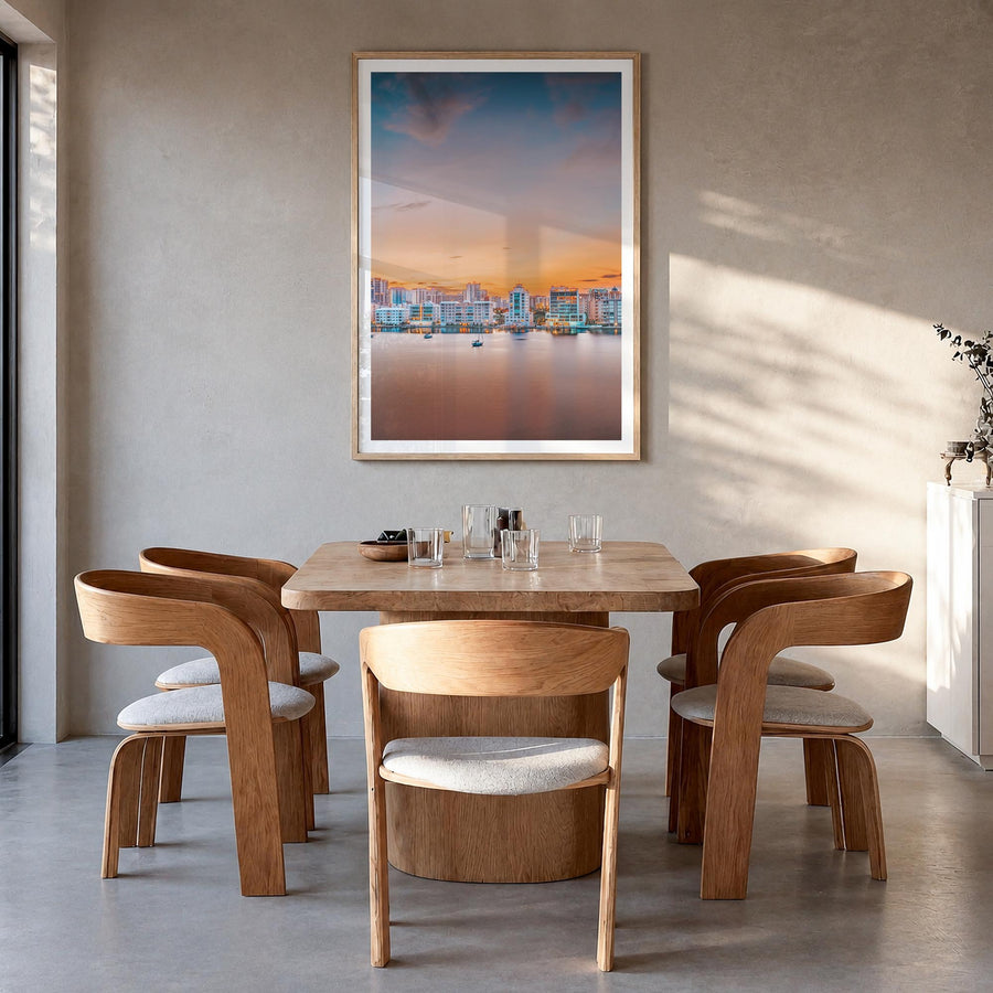 Sarasota no. 1 colorful photo poster of Florida, USA – vertical wall art in natural wood frame with white border, hanging on 