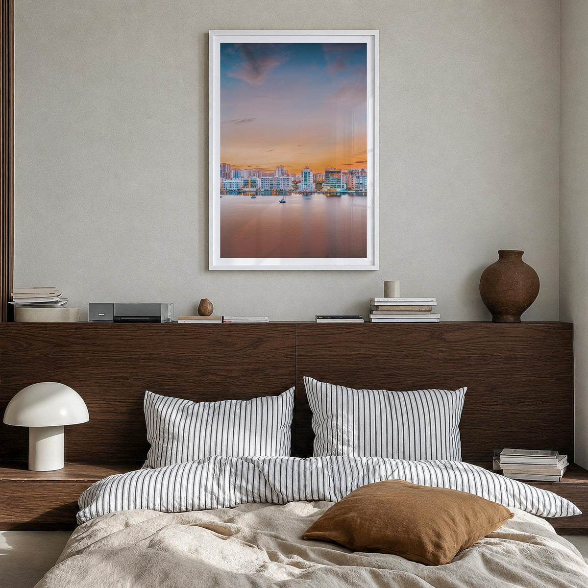 Sarasota no. 1 colorful photo poster of Florida, USA – vertical wall art in white wood frame with white border, hanging on wa