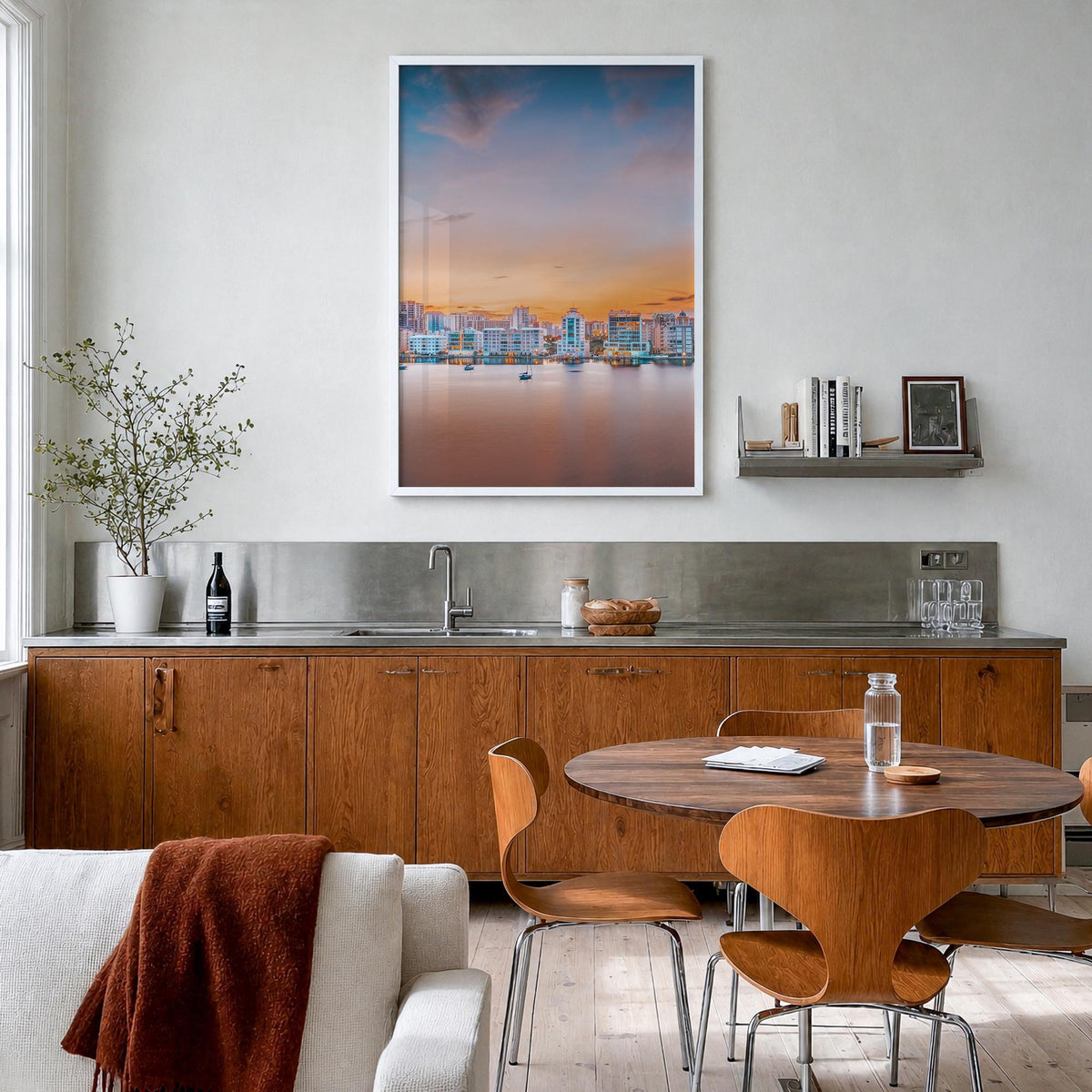 Sarasota no. 1 colorful photo poster of Florida, USA – vertical wall art in white wood frame, hanging on wall