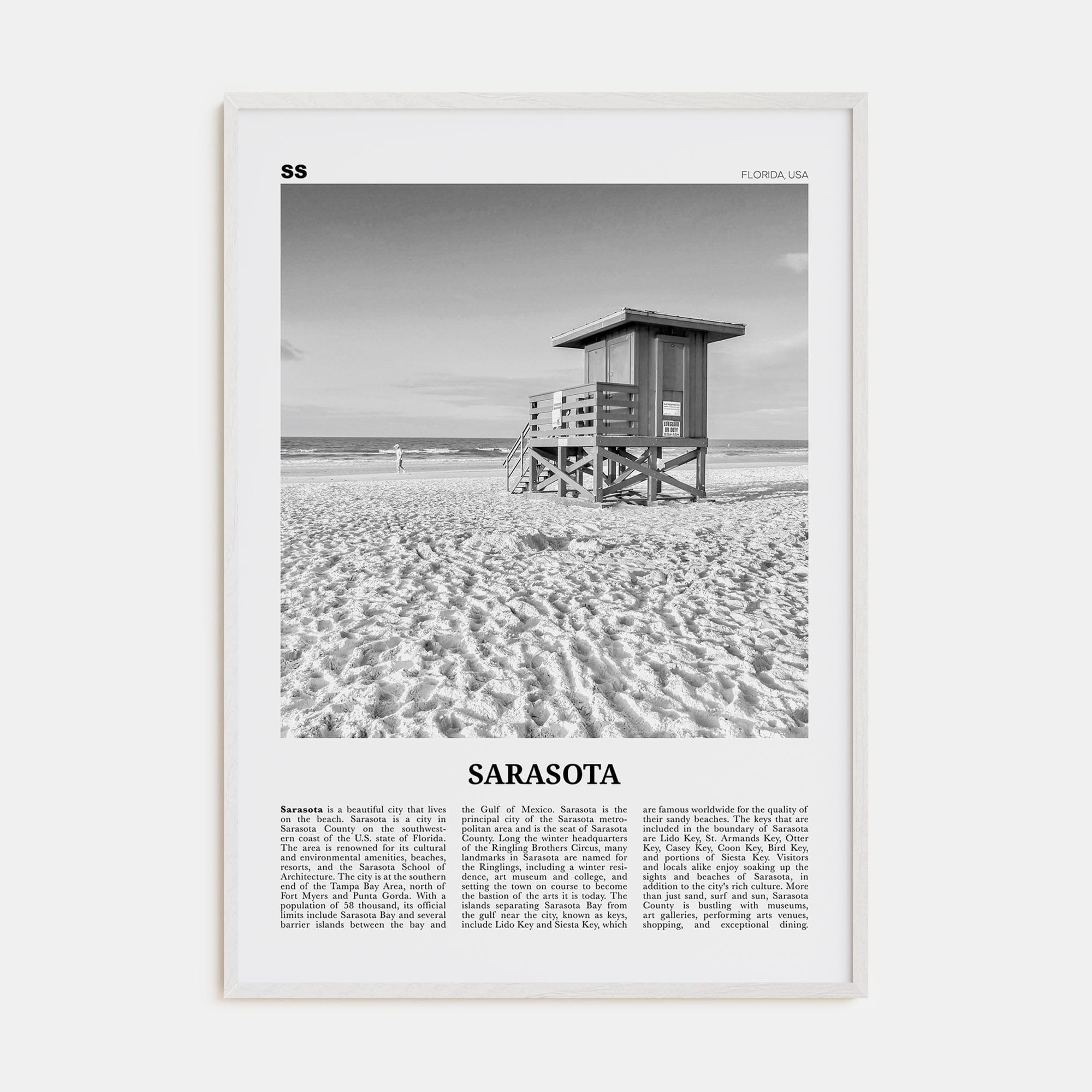 Sarasota No 1 Poster White Wood / 8x12 in Nbourhood Travel B&W Poster