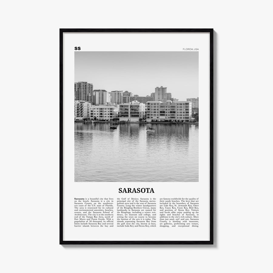 Sarasota no. 2 black & white newspaper poster of Florida, USA – vertical wall art, unframed print shown in interior mockup