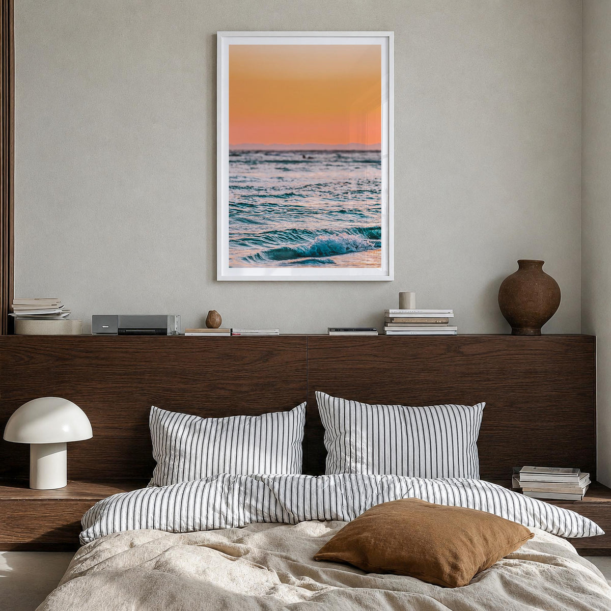 Sarasota no. 2 colorful photo poster of Florida, USA – vertical wall art in white wood frame with white border, hanging on wa