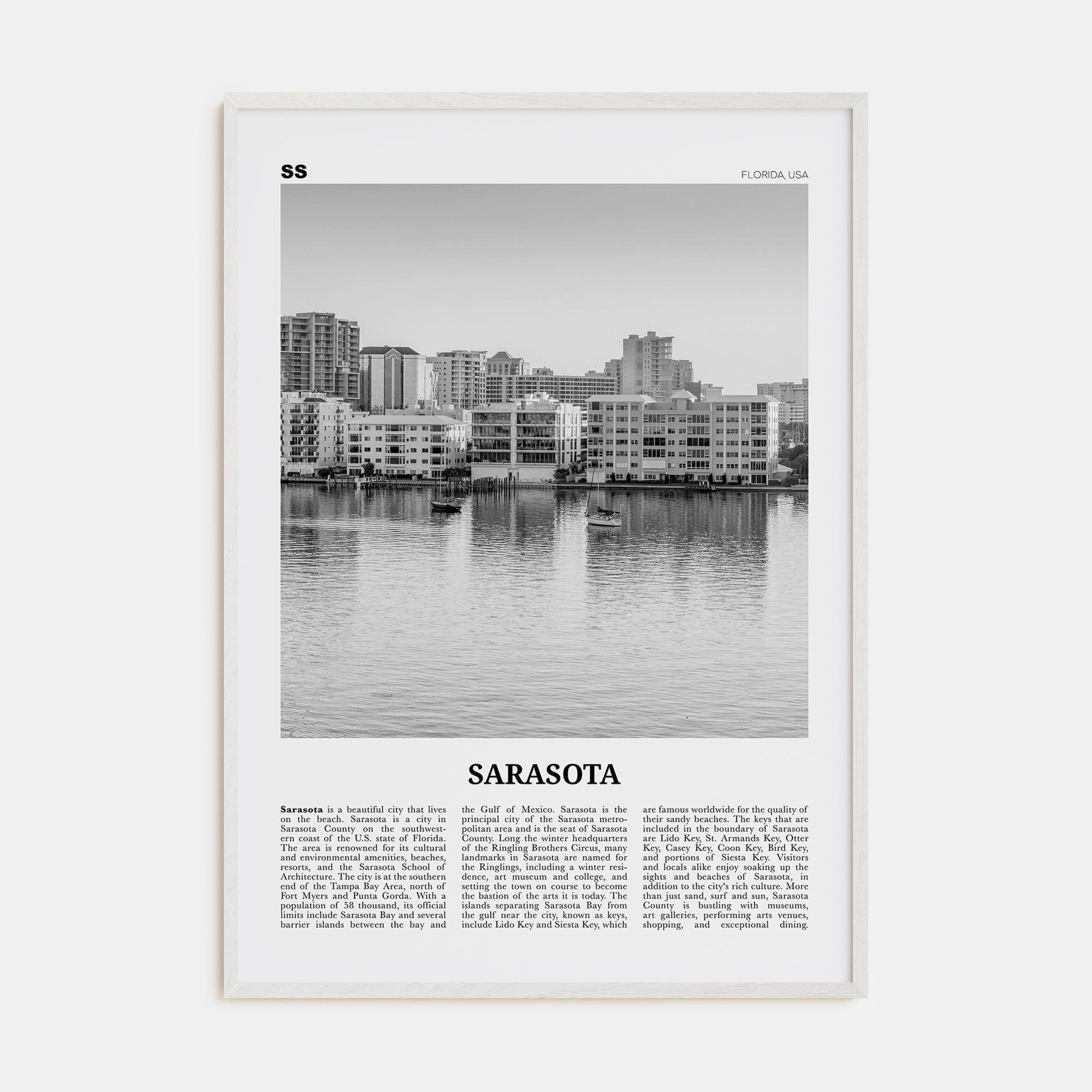 Sarasota No 2 Poster White Wood / 8x12 in Nbourhood Travel B&W Poster