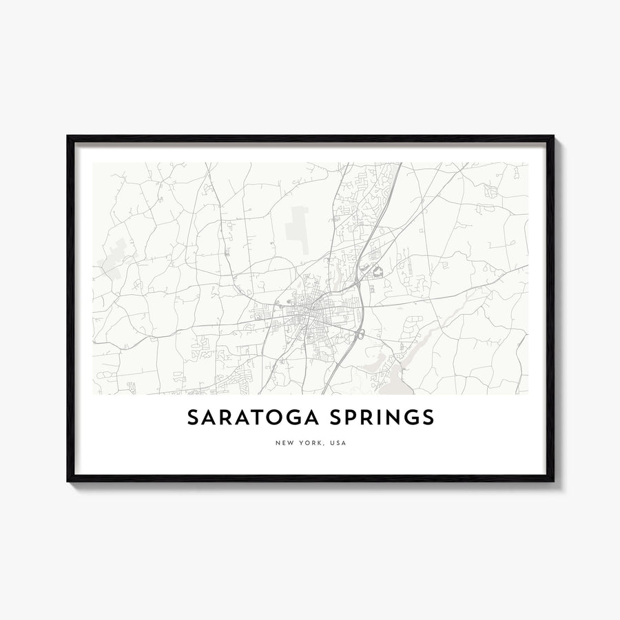 Saratoga Springs black & white map poster of New York, USA – horizontal wall art, unframed print shown in interior mockup