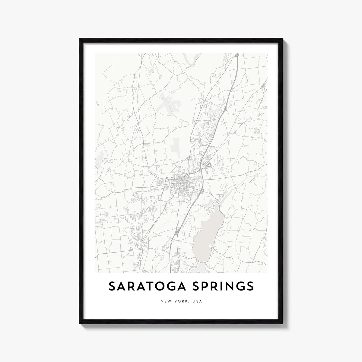 Saratoga Springs black & white map poster of New York, USA – vertical wall art, unframed print shown in interior mockup