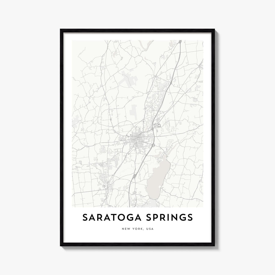 Saratoga Springs black & white map poster of New York, USA – vertical wall art, unframed print shown in interior mockup