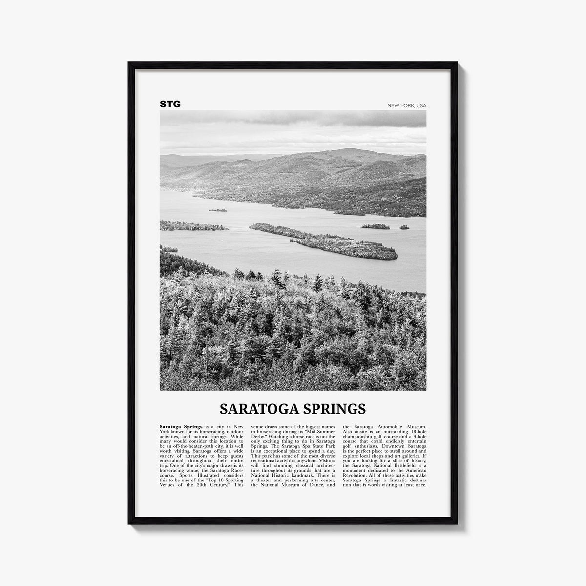 Saratoga Springs black & white newspaper poster of New York, USA – vertical wall art, unframed print shown in interior mockup