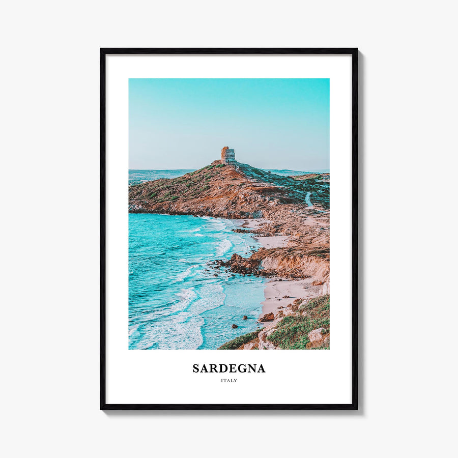 Sardinia no. 1 colorful classic poster of Sardegna, Italy – vertical wall art, unframed print shown in interior mockup
