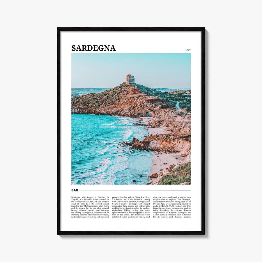 Sardinia no. 1 colorful travel poster of Sardegna, Italy – vertical wall art, unframed print shown in interior mockup