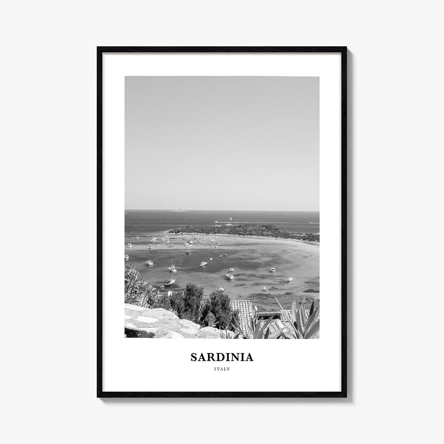 Sardinia black & white classic poster of Italy – vertical wall art, unframed print shown in interior mockup