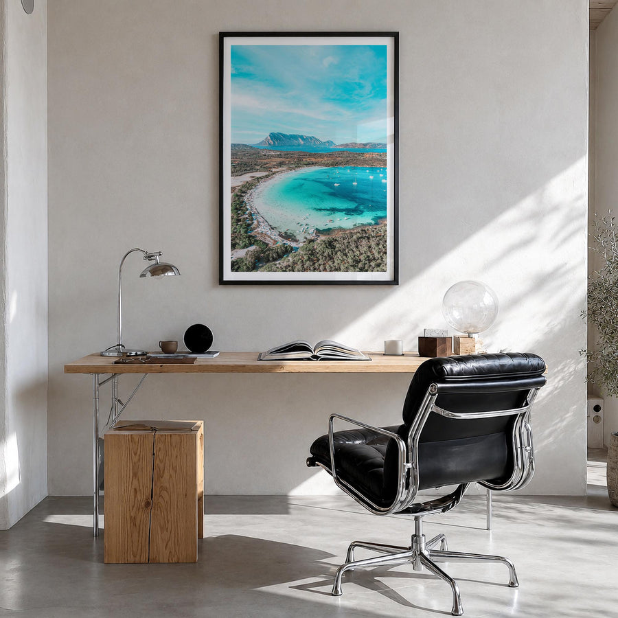 Sardinia colorful photo poster of Italy – vertical wall art in black wood frame with white border, hanging on wall