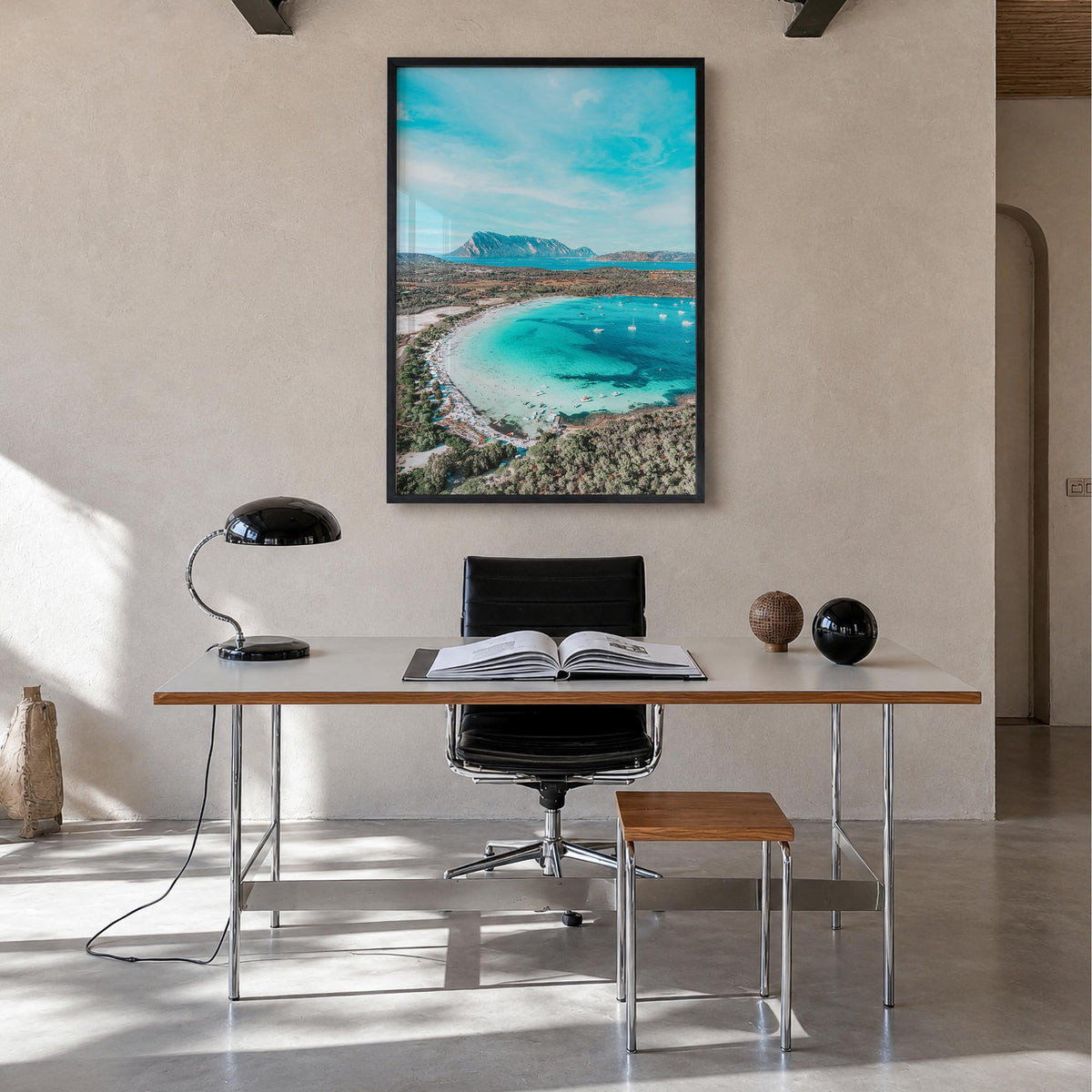 Sardinia colorful photo poster of Italy – vertical wall art in black wood frame, hanging on wall